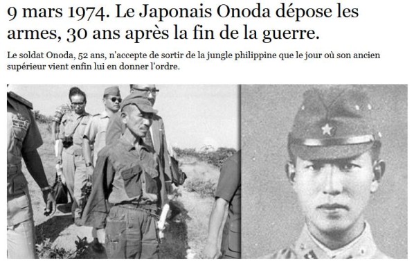 Décès du Japonais Hiroo ONADA, dernier Samouraï, en guerre jusqu'en 1974.